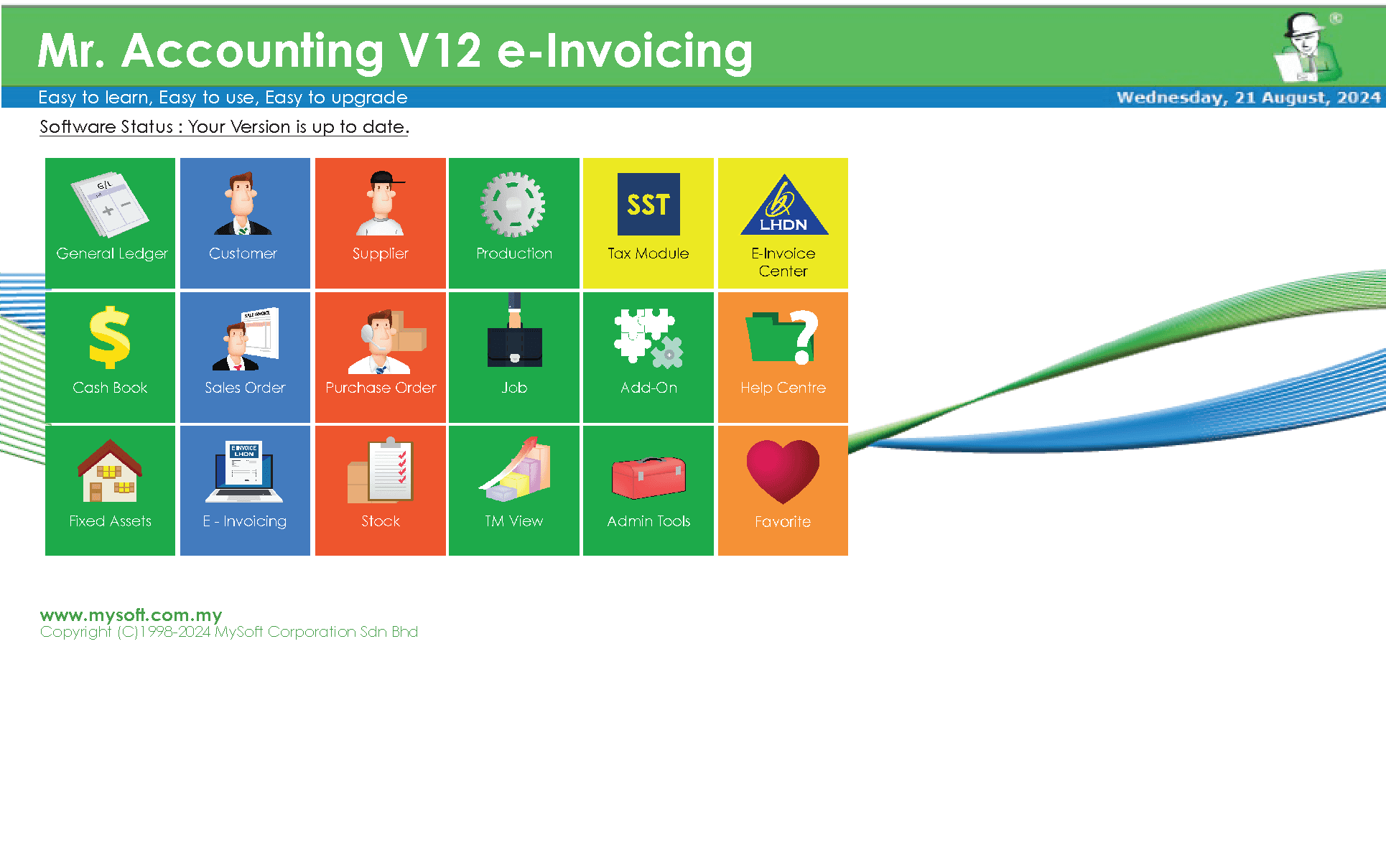 Mr. Accounting V12 e-Invoicing dashboard with module icons: General Ledger, Customer, Supplier, Production, Tax Module, E-Invoice Center, Cash Book, Sales Order, Purchase Order, and more