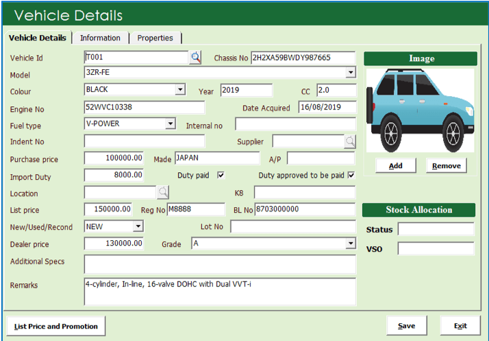 Keeping vehicle details in MySoft ERP